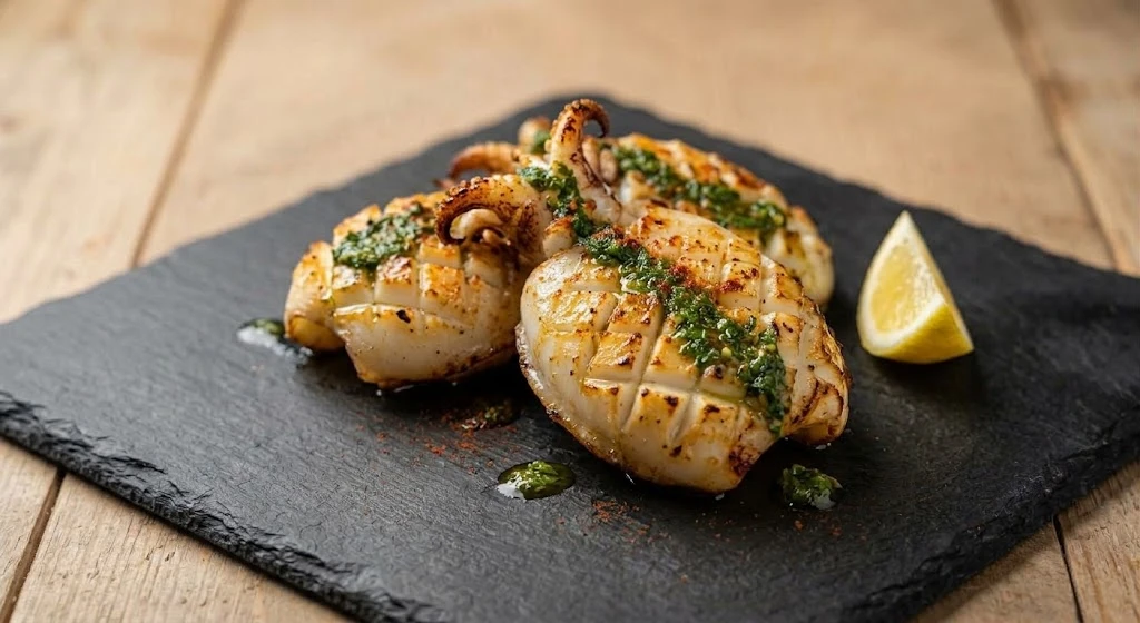 Sepia a la plancha con ajo y perejil sobre pizarra