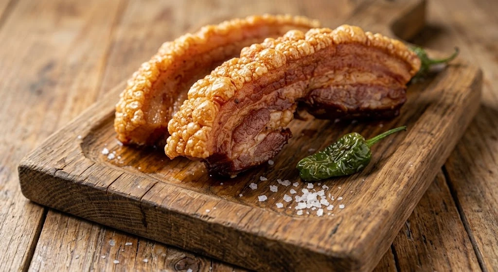 Torreznos crujientes con sal en tabla de madera